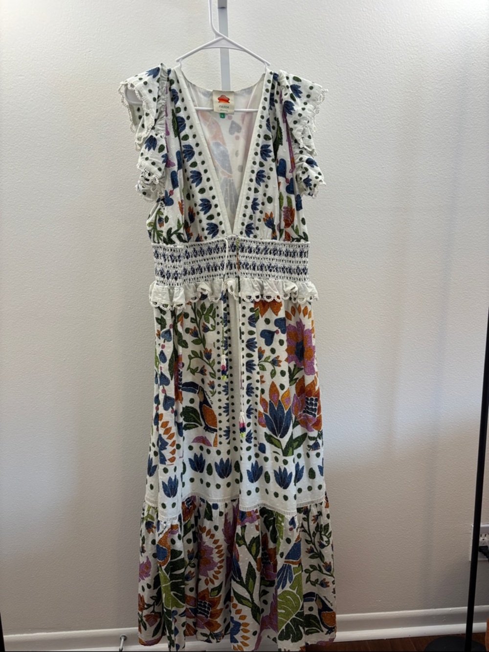 Farm Rio Floral Midi Dress Large Boho Ruffle Lace Smocked Waist Vacation Large - Picture 2 of 8